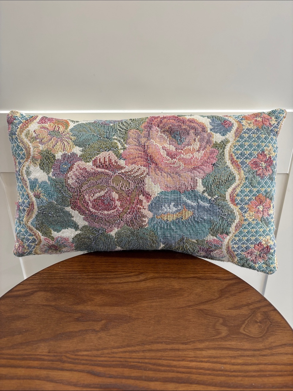 Floral Tapestry Decorative Lumbar Pillow in Pink and Blue